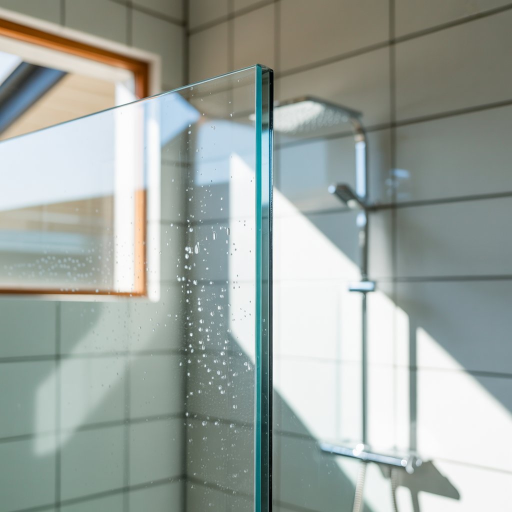 close-up of frameless shower screen glass edge with water droplets in a modern Sydney bathroom (toughened safety glass)
