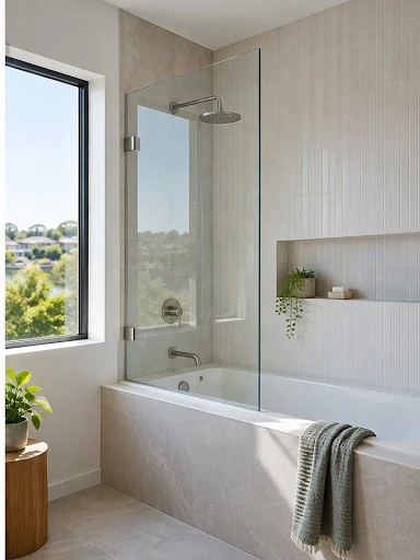 Custom over-bath shower screen measured to suit the bath and wall layout